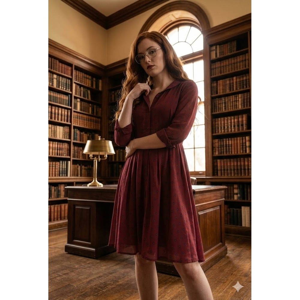 Pink Martini Burgundy Diamond Print Button Front Midi Dress M Vintage Inspired